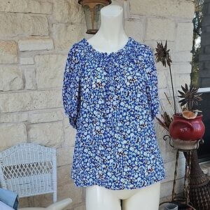 Apiece Apart Blue Floral Viscose Elastic Neckline Blouse Puff Sleeve Small